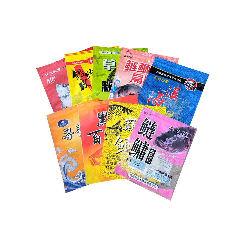 魚餌包裝(zhuāng)袋餌料窩料防潮(chao)三邊封拉鏈袋鋁(lǚ)箔袋彩印複合自(zi)立袋